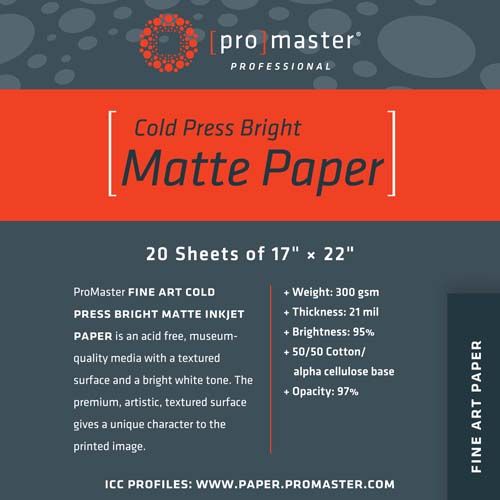 ProMaster Fine Art Cold Press Bright Matte Paper - 17" x 22" - 20 Sheets