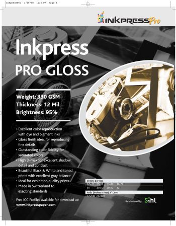 InkPress P3 Pro Gloss, 330gsm,11in.x17in. 20 sheets