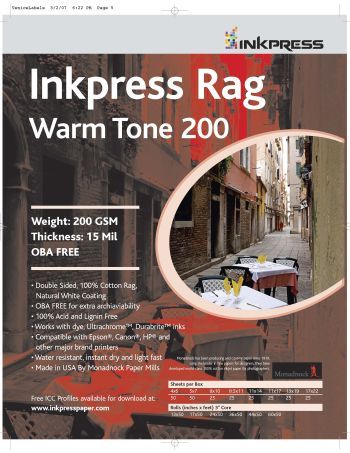 InkPress Rag Warm Tone, 200gsm, Double Sided,13in. x 19in. 25 sheets