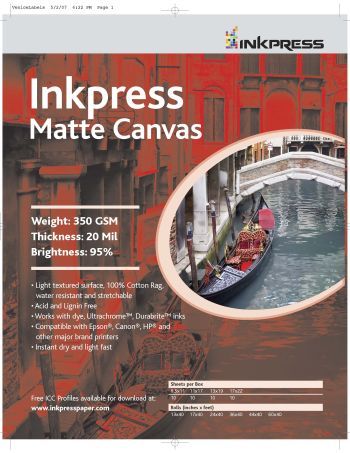 InkPress Matte Canvas 8.5x11 [50] -350gsm, 20mil, 95% Bright