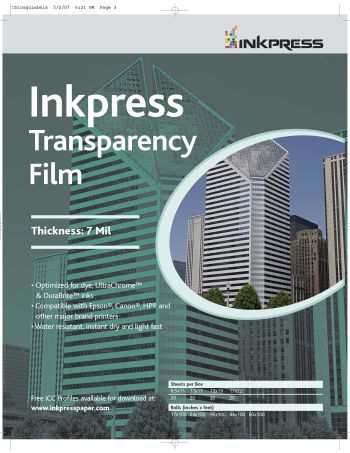 InkPress Transparency Film 7 mil , 8.5in. x 11in. 20s sheets