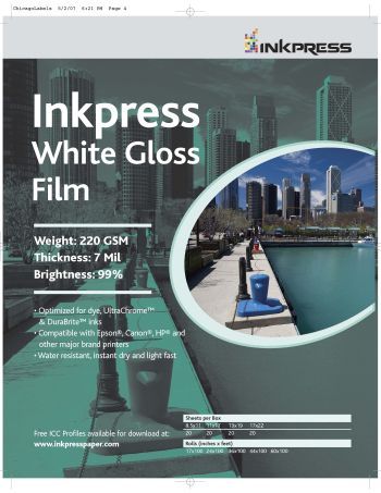 InkPress White Gloss Film, 215gsm,17in. x 22in. 20 sheets